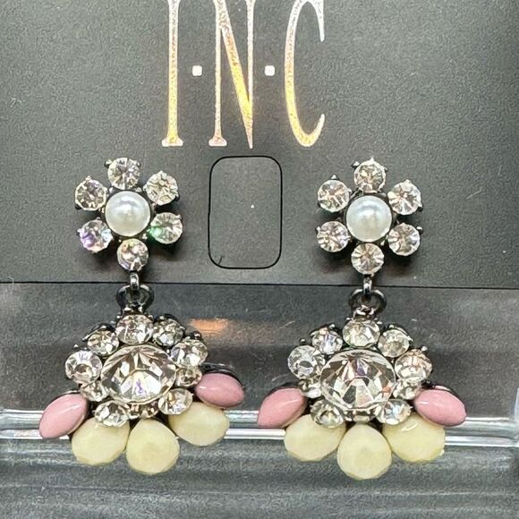 INC Silver Tone Crystal Flower Post Earnings W/ Drop Dangle Crystal Flower - Picture 2 of 8